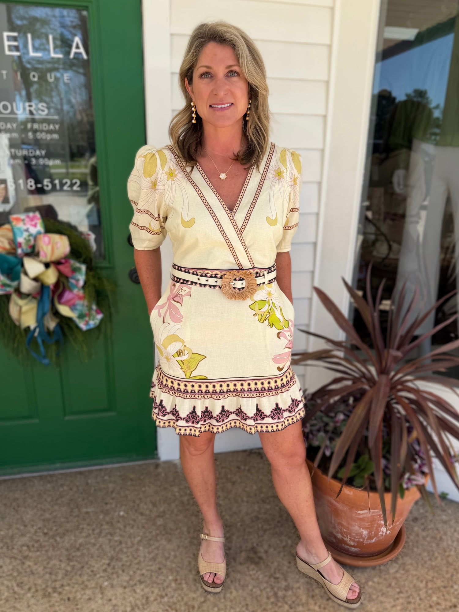 CREAM MULTI FLORAL PRINT BELTED IVY MINI DRESS