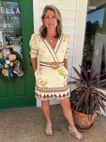 CREAM MULTI FLORAL PRINT BELTED IVY MINI DRESS