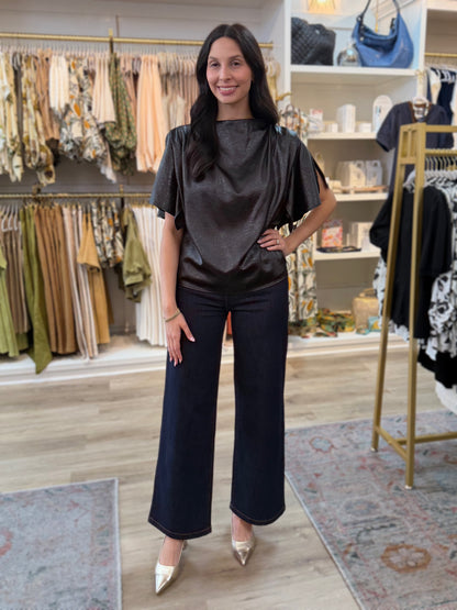 BLACK SHINY SATIN &amp; LEATHER FLOWY SHORT SLEEVE TOP
