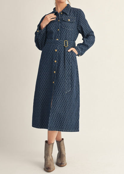 INDIGO DENIM GEOGRAPHIC PRINT BUTTON UP BELTED MIDI DRESS