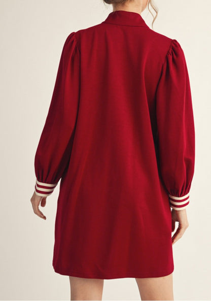 BURGUNDY STRIPE CONTRAST DETAILING FRONT ZIP LONG PUFF SLEEVE MINI DRESS