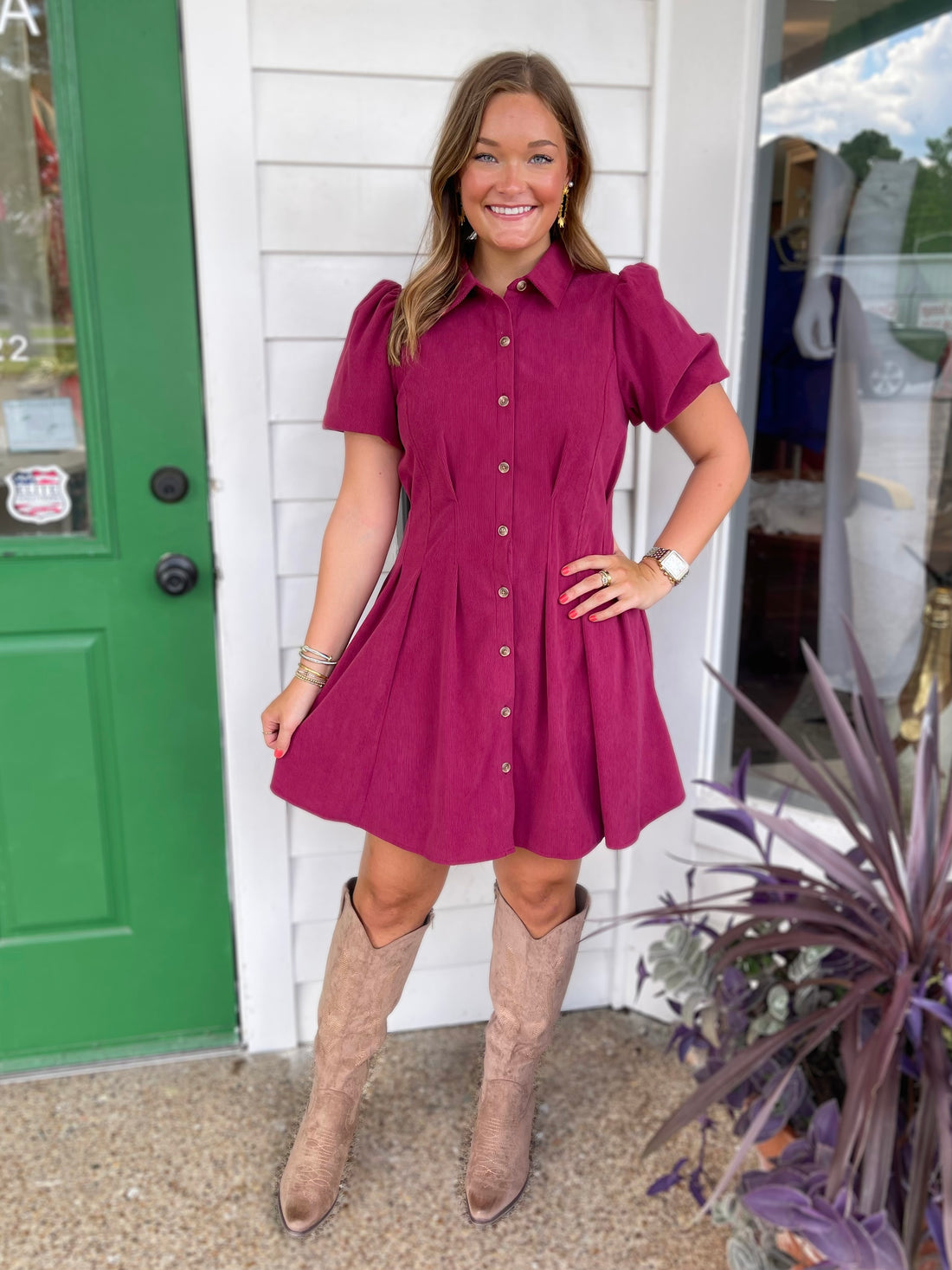 RED PLUM CORDUROY BUTTON UP PLEATED WAIST RORY MINI DRESS