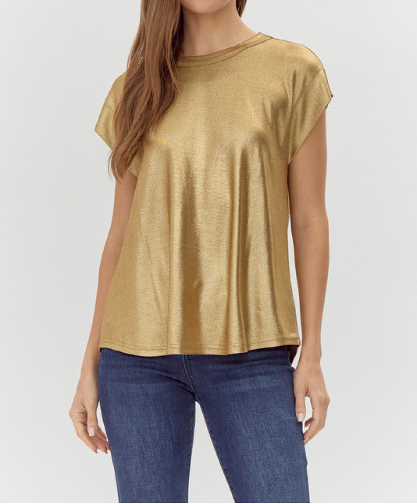 GOLD METALLIC KNIT SHORT DROP SHOULDER TOP
