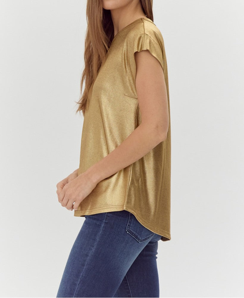 GOLD METALLIC KNIT SHORT DROP SHOULDER TOP
