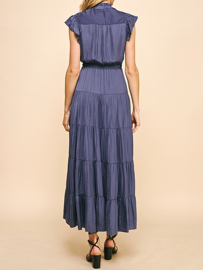 DUSTY NAVY SATIN TIERED MAXI DRESS