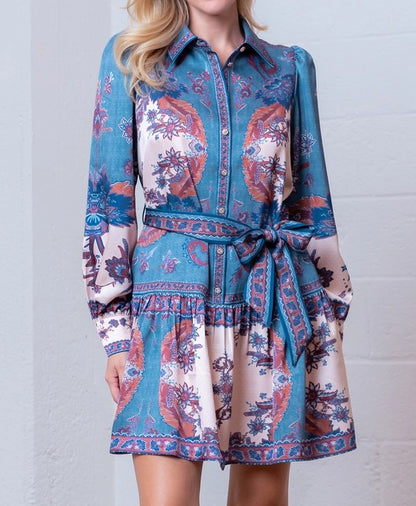 BLUE/CREAM MULTI FLORAL PLACEMENT PRINT BUTTON UP LONG SLEEVE SATIN MINI DRESS