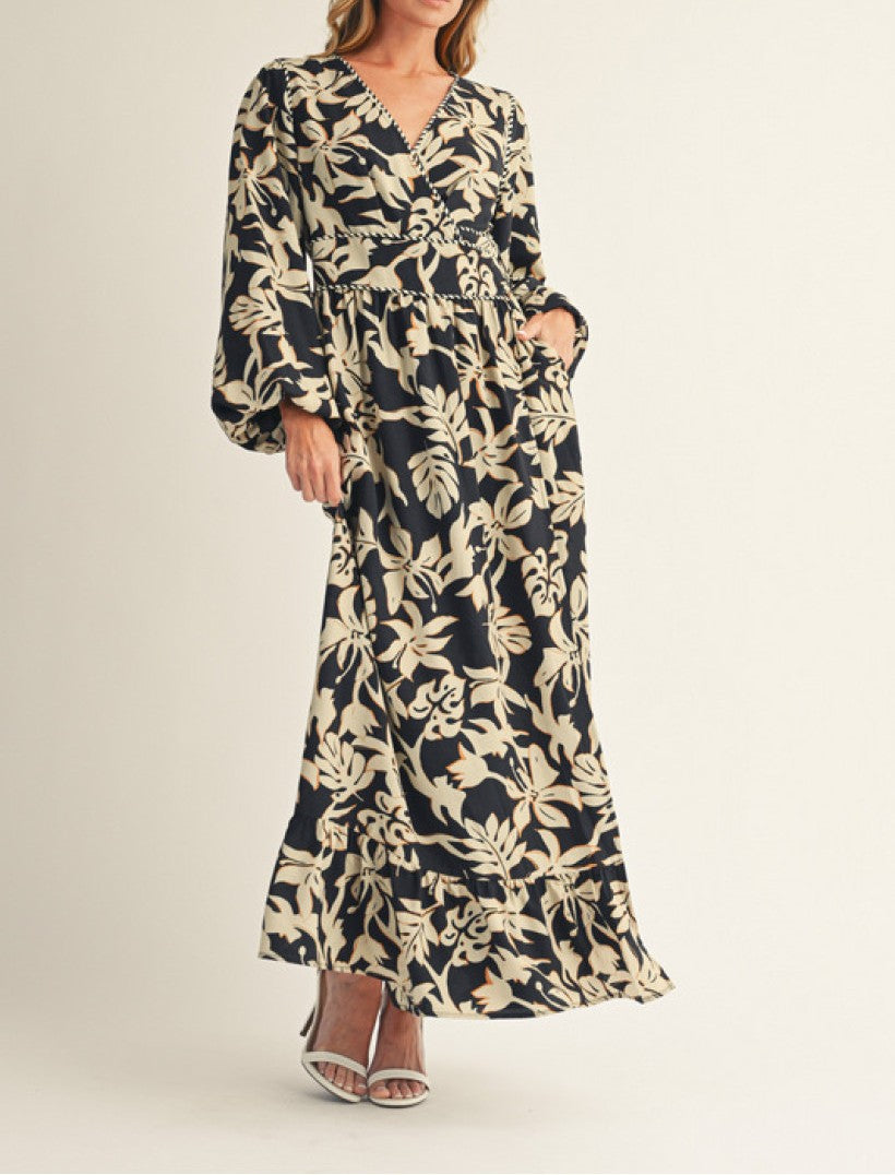 BLACK FLORAL PRINT WAIST TIE WRAP MAXI DRESS