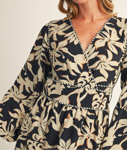BLACK FLORAL PRINT WAIST TIE WRAP MAXI DRESS