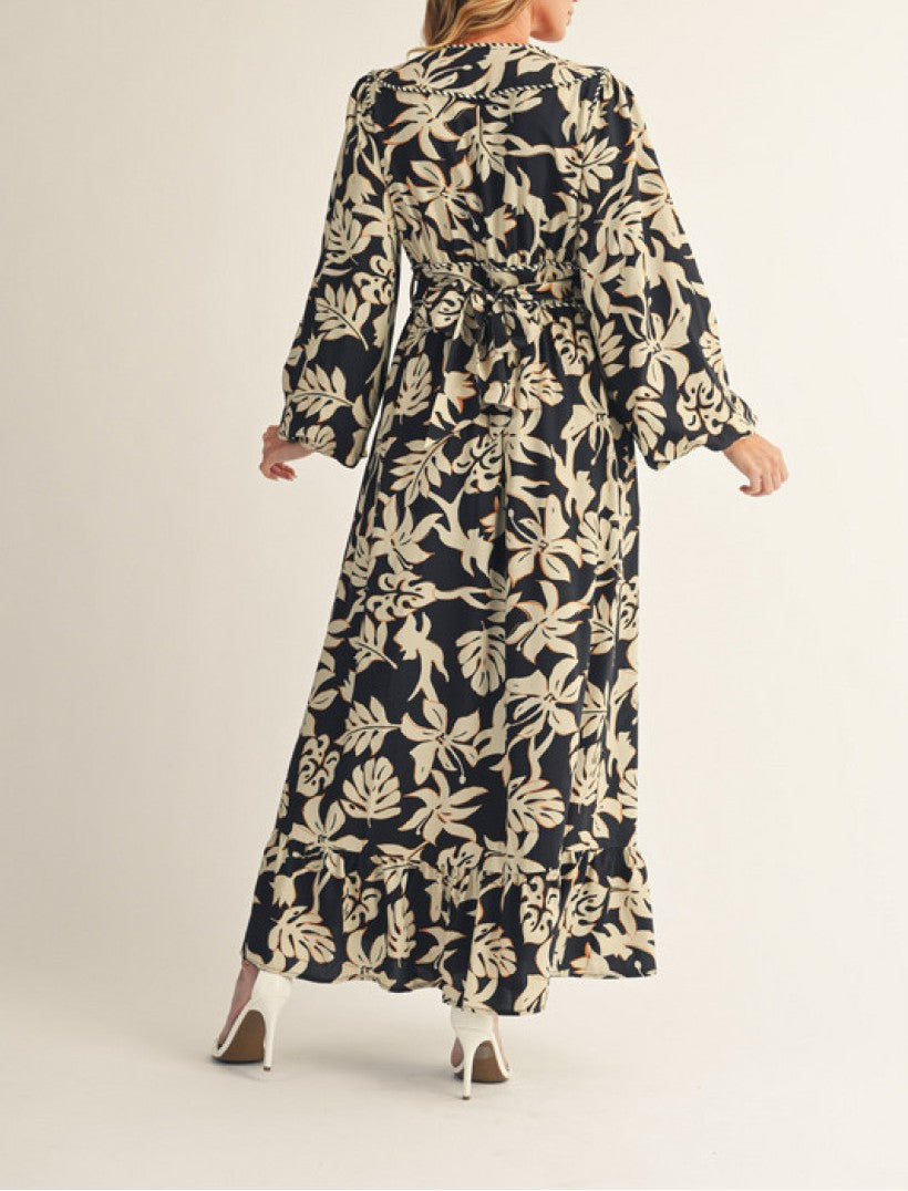 BLACK FLORAL PRINT WAIST TIE WRAP MAXI DRESS