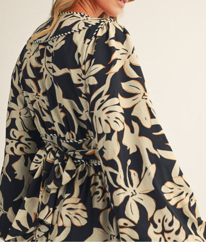 BLACK FLORAL PRINT WAIST TIE WRAP MAXI DRESS