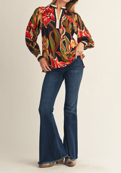 BLACK MIX FLORAL PRINT STANDING COLLAR LONG SLEEVE TOP