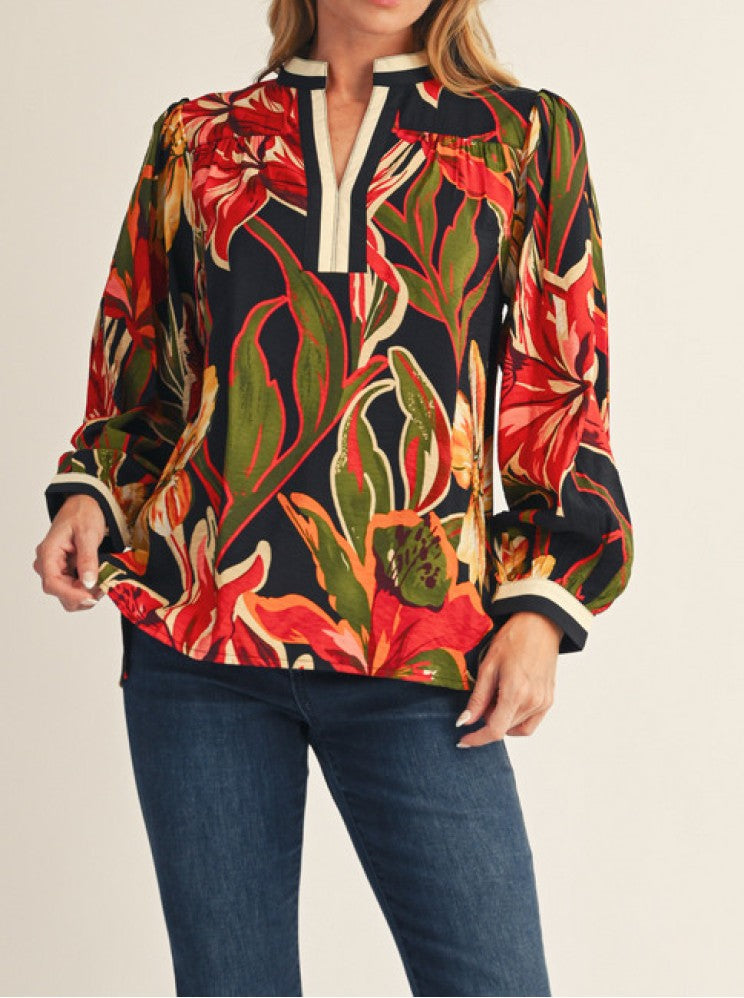 BLACK MIX FLORAL PRINT STANDING COLLAR LONG SLEEVE TOP