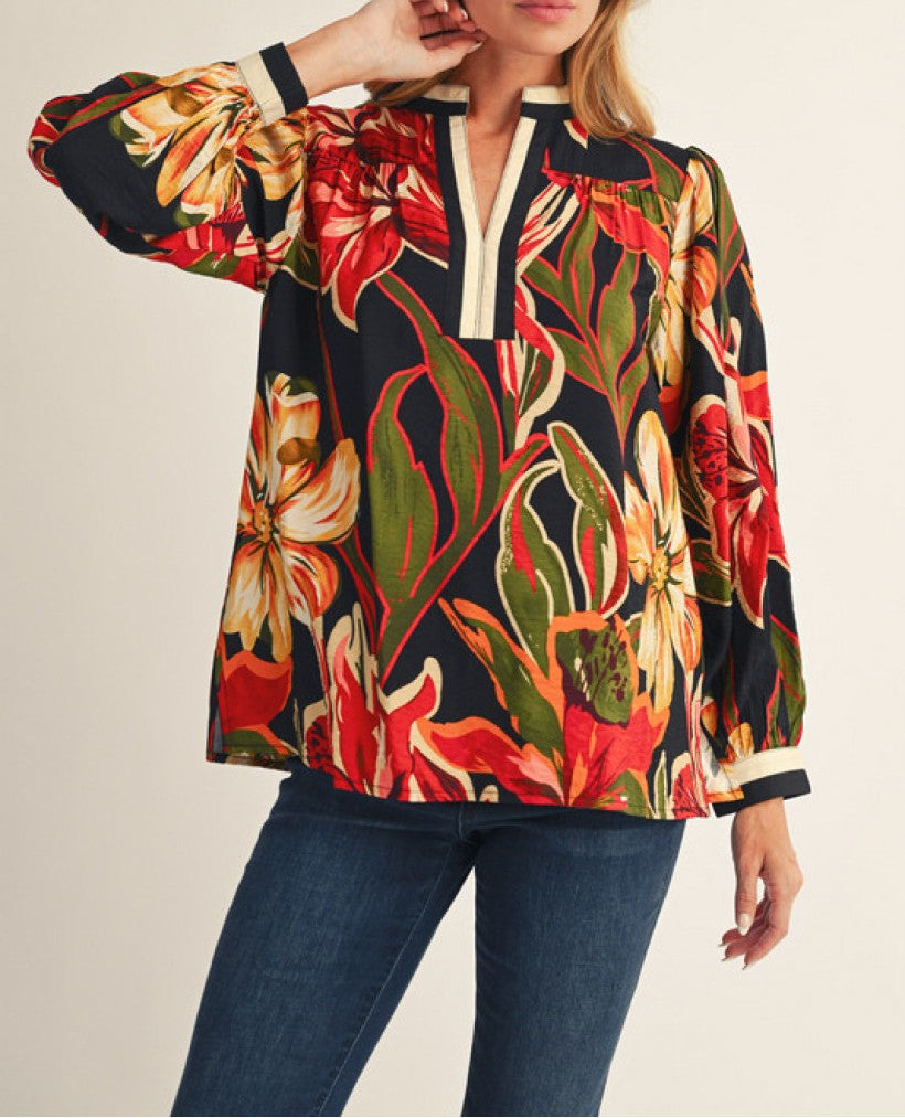 BLACK MIX FLORAL PRINT STANDING COLLAR LONG SLEEVE TOP