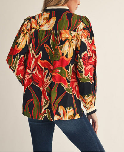 BLACK MIX FLORAL PRINT STANDING COLLAR LONG SLEEVE TOP