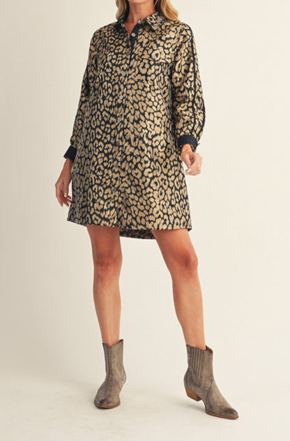 LEOPARD PRINT LONG SLEEVE BUTTON DOWN MINI SHIRTDRESS