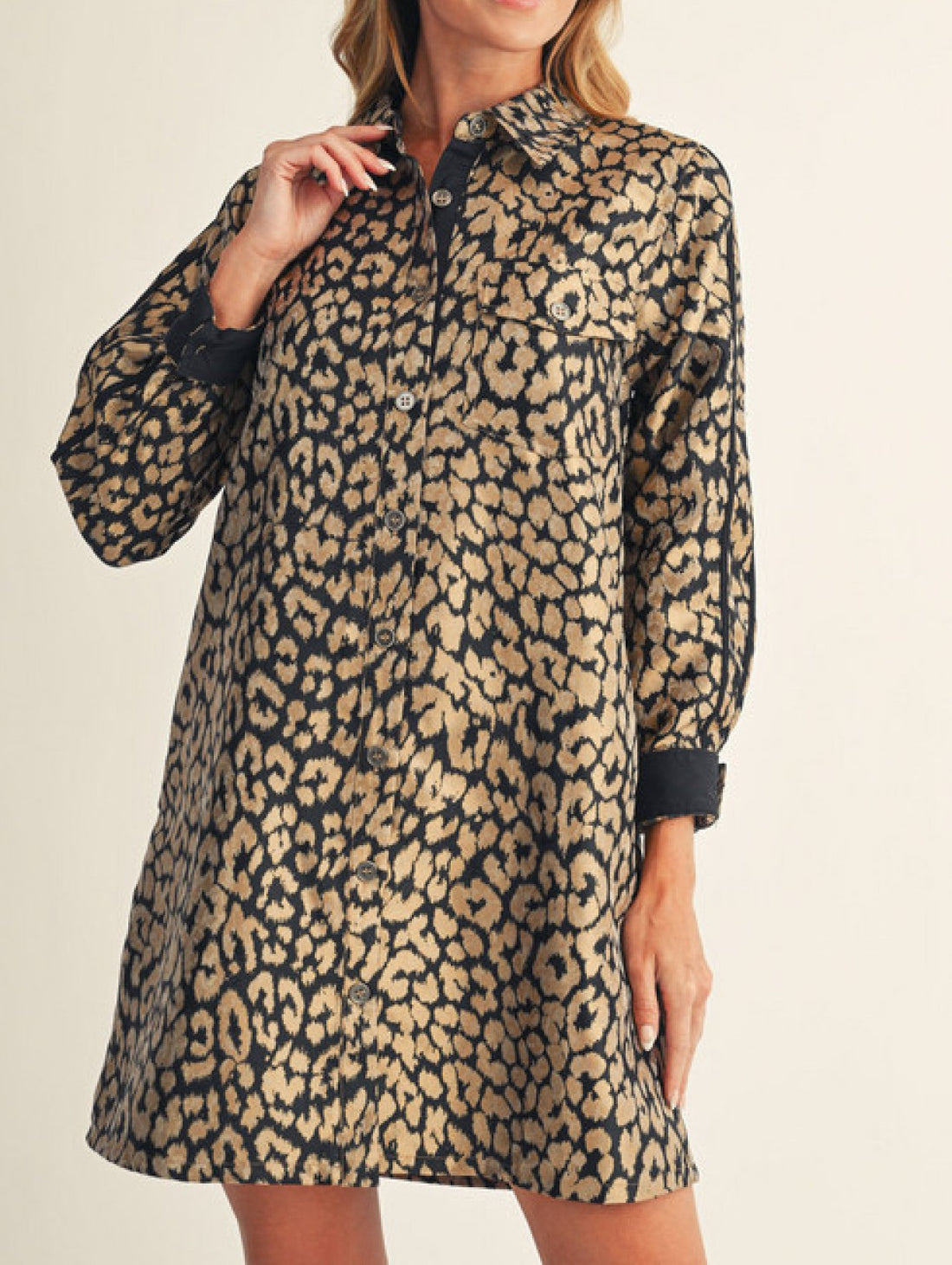 LEOPARD PRINT LONG SLEEVE BUTTON DOWN MINI SHIRTDRESS