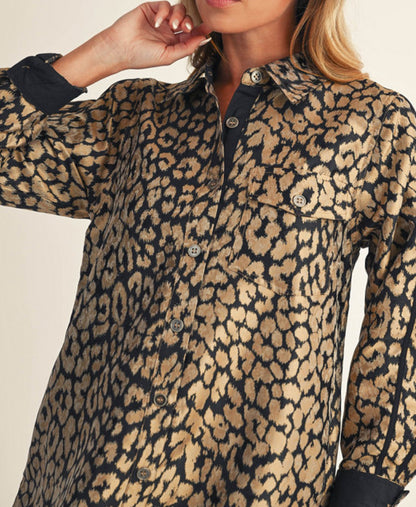 LEOPARD PRINT LONG SLEEVE BUTTON DOWN MINI SHIRTDRESS