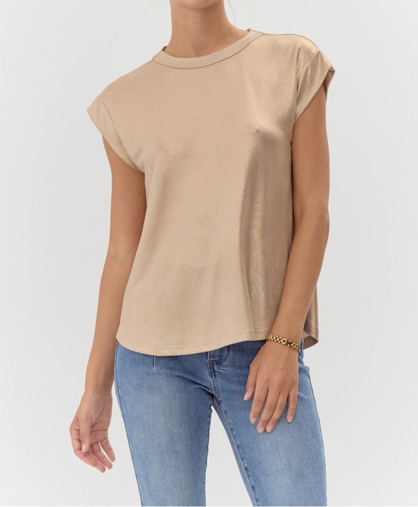 CHAMPAGNE METALLIC KNIT SHORT DROP SHOULDER TOP