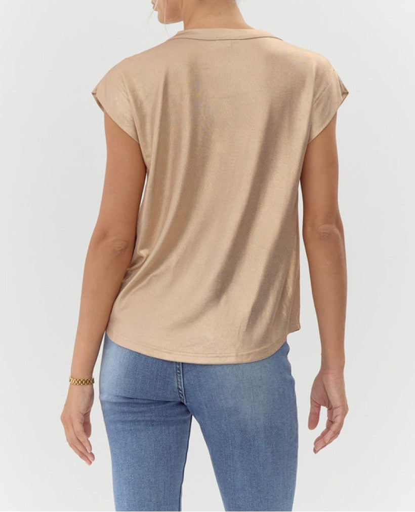 CHAMPAGNE METALLIC KNIT SHORT DROP SHOULDER TOP
