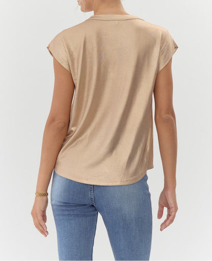 CHAMPAGNE METALLIC KNIT SHORT DROP SHOULDER TOP
