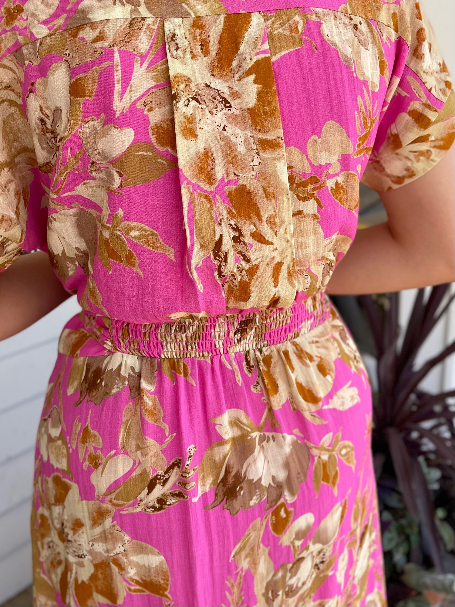 PINK FLORAL PRINT BUTTON UP SHORT SLEEVE MAXI DRESS