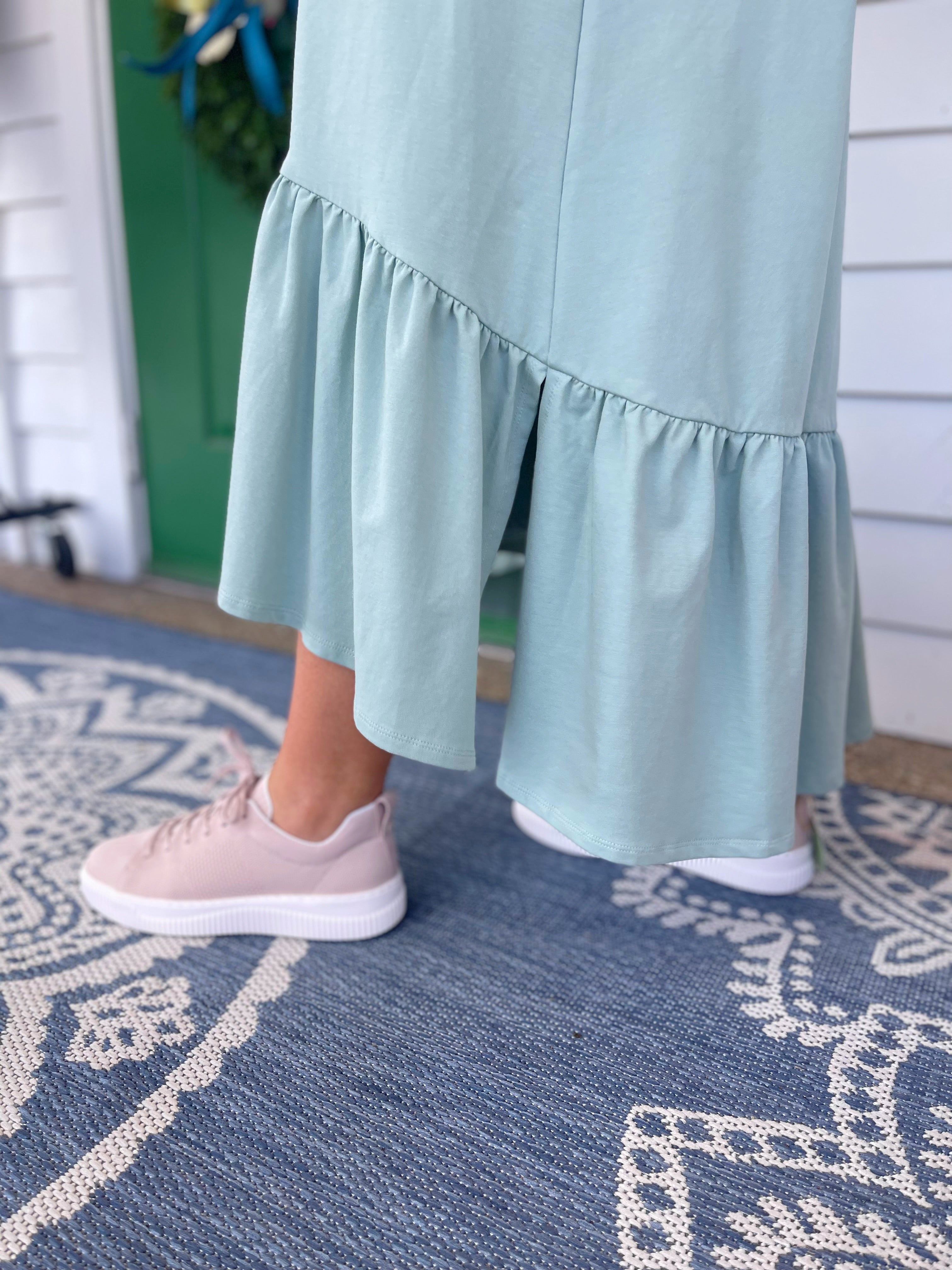 LIGHT SEAFOAM TIERED FRENCH TERRY DRAWCORD WAIST MIDI DRESS