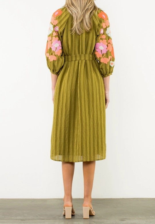 OLIVE GREEN STRIPE &amp; FLORAL EMBROIDERED PUFF SLEEVE MAXI DRESS