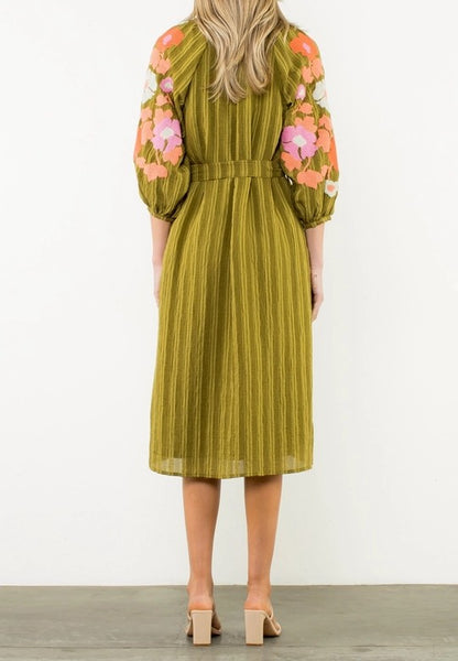 OLIVE GREEN STRIPE &amp; FLORAL EMBROIDERED PUFF SLEEVE MAXI DRESS