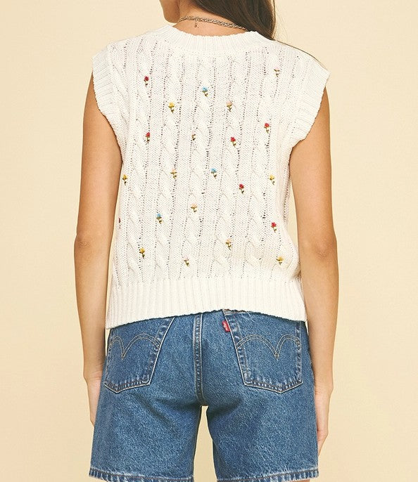 OFF WHITE FLORAL EMBROIDERED CABLE KNIT SLEEVELESS SWEATER