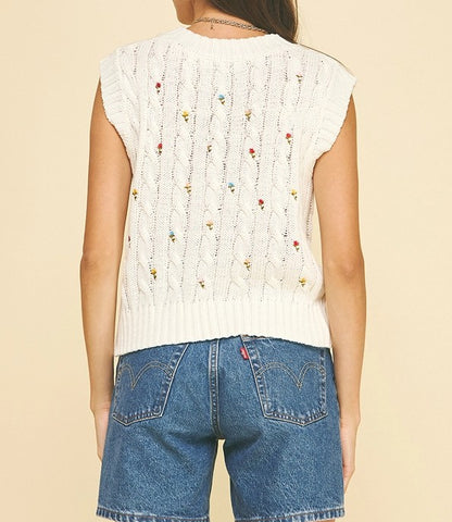 OFF WHITE FLORAL EMBROIDERED CABLE KNIT SLEEVELESS SWEATER