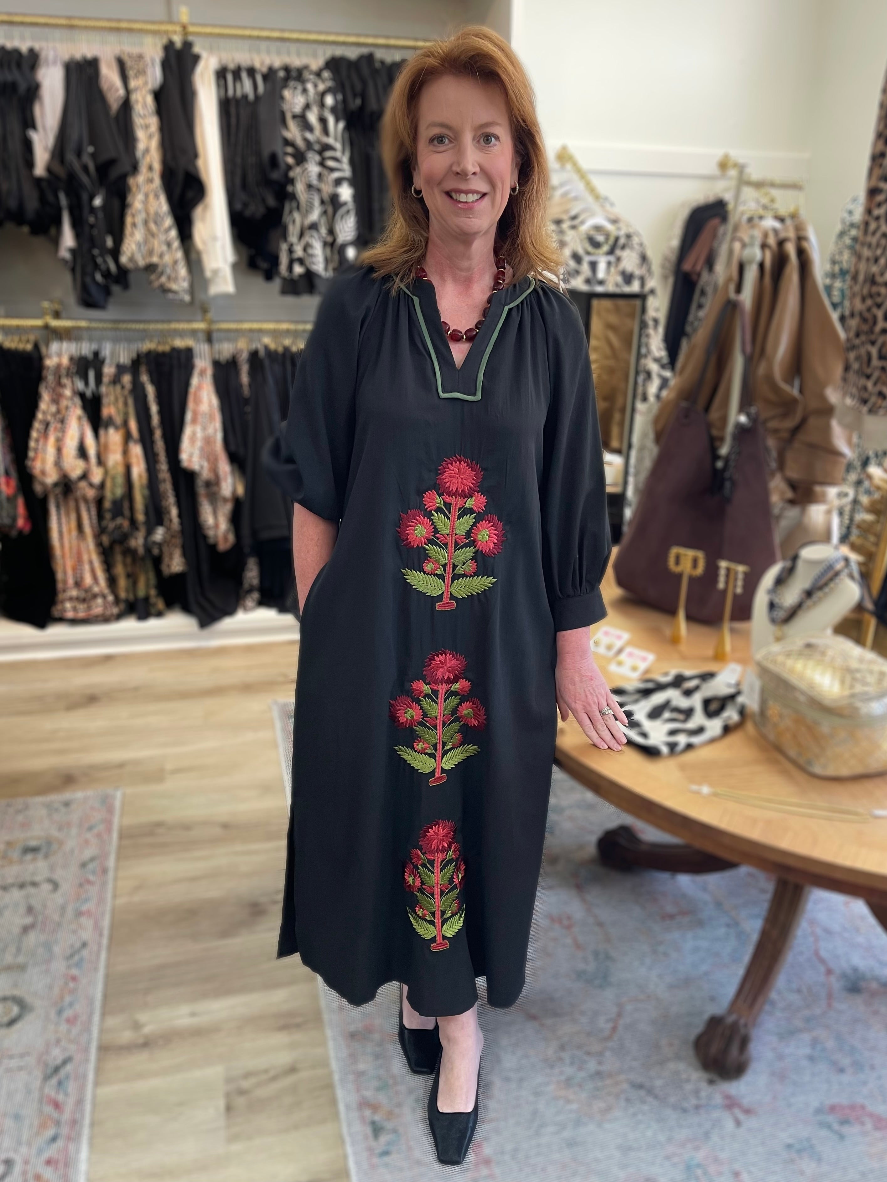 BLACK FLORAL EMBROIDERY CONTRAST TRIM LONG SLEEVE MAXI DRESS