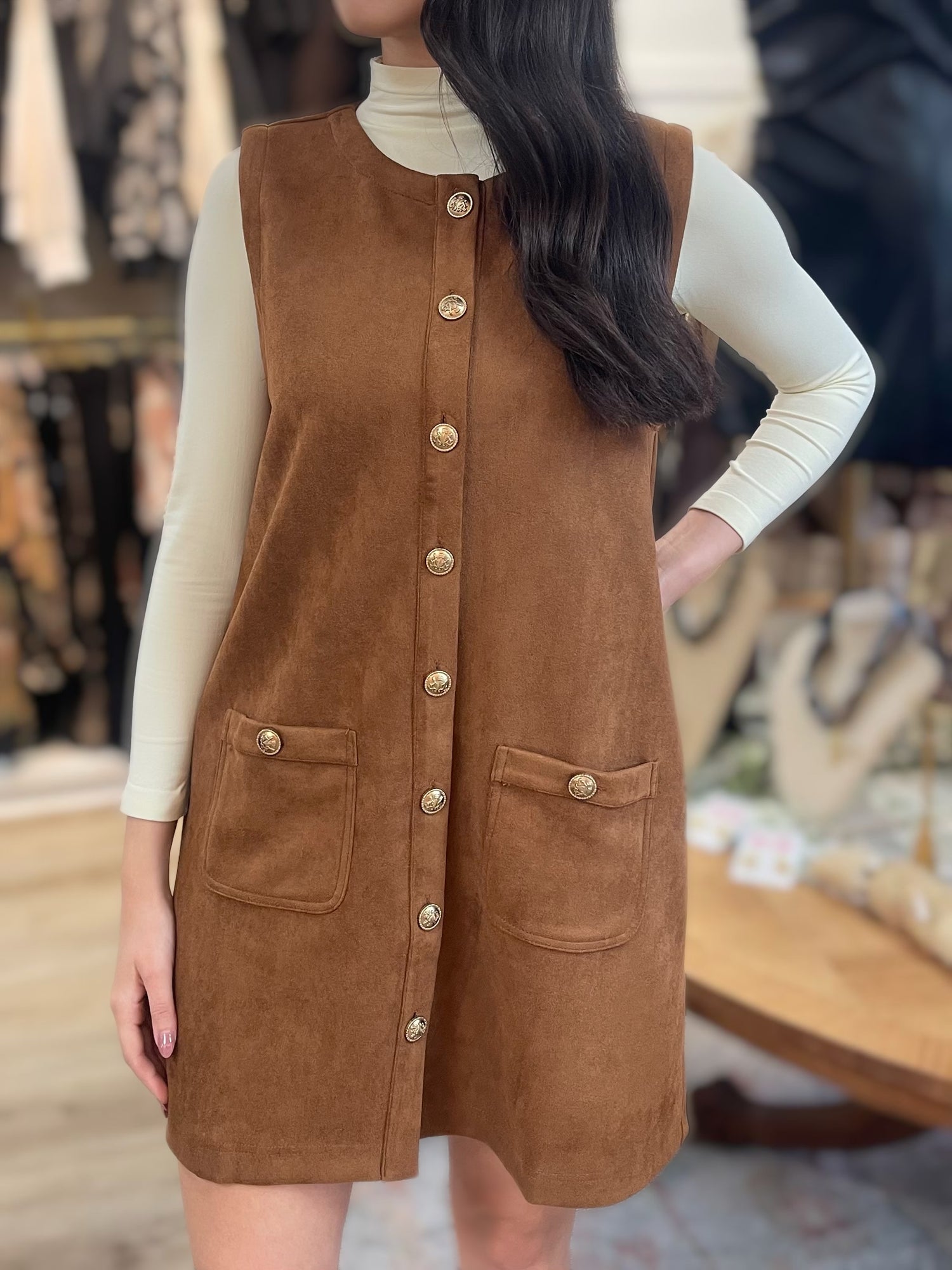 CAMEL SUEDE SLEEVELESS BUTTON UP SHIFT MINI DRESS