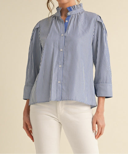 BLUE STRIPED STAND UP COLLAR BUTTON UP LONG SLEEVE TOP