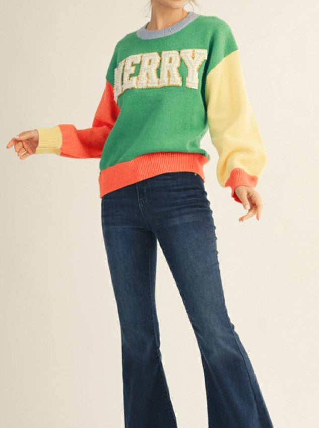 COLOR BLOCK PEARL &quot;MERRY&quot; LONG SLEEVE SWEATER