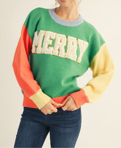 COLOR BLOCK PEARL &quot;MERRY&quot; LONG SLEEVE SWEATER
