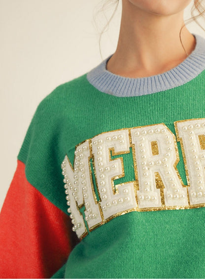 COLOR BLOCK PEARL &quot;MERRY&quot; LONG SLEEVE SWEATER