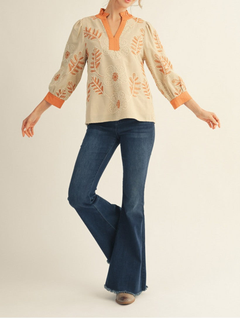ORANGE/BEIGE EMBROIDERED FLORAL PRINT WITH CONTRAST DETAIL 3/4 SLEEVE TOP