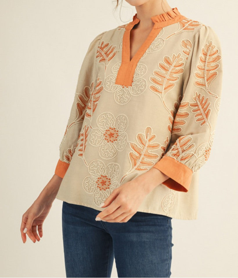 ORANGE/BEIGE EMBROIDERED FLORAL PRINT WITH CONTRAST DETAIL 3/4 SLEEVE TOP