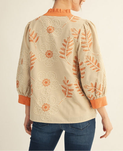 ORANGE/BEIGE EMBROIDERED FLORAL PRINT WITH CONTRAST DETAIL 3/4 SLEEVE TOP