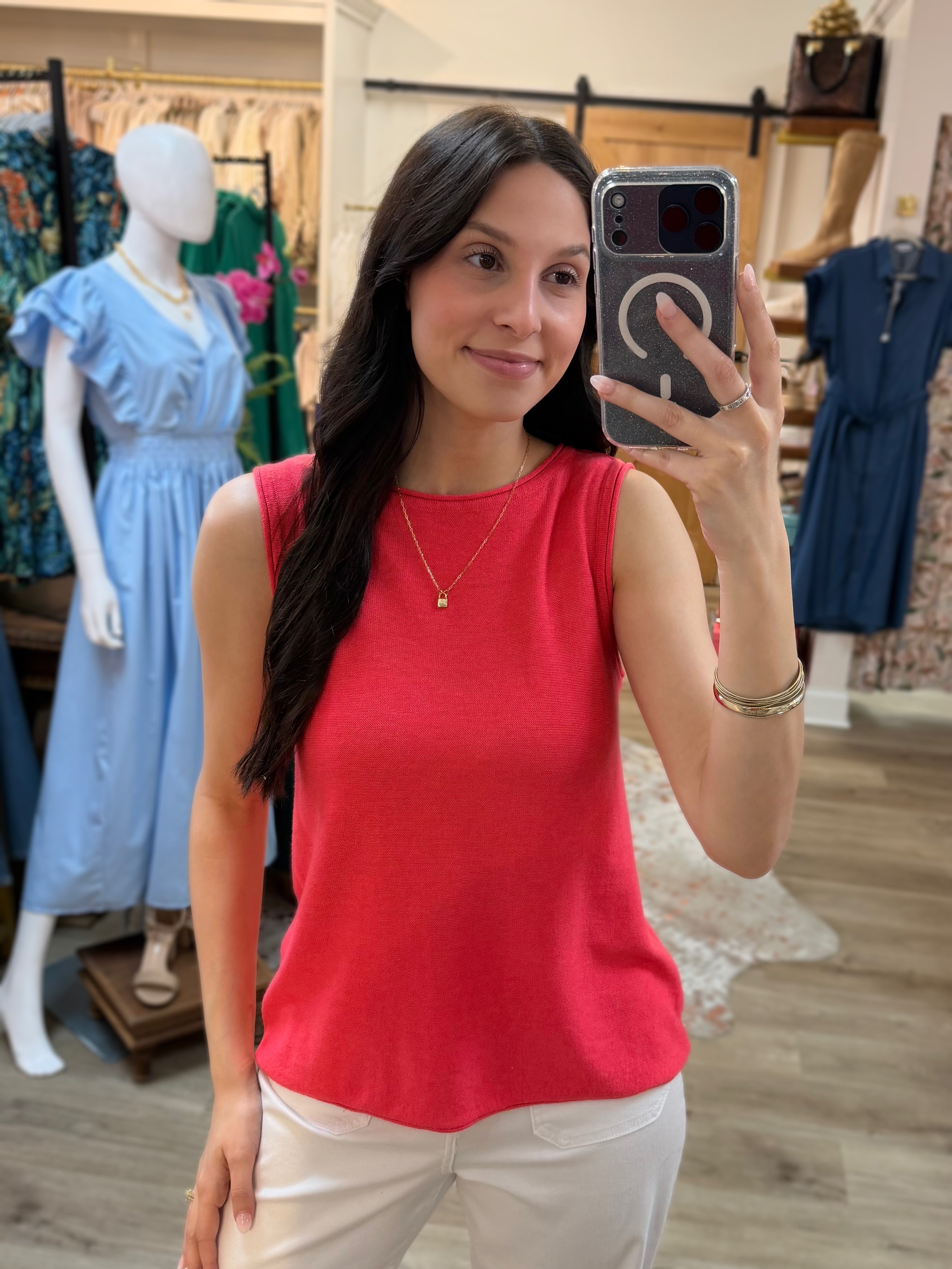 CORAL WIDE CREW NECK SLEEVELESS SWEATER