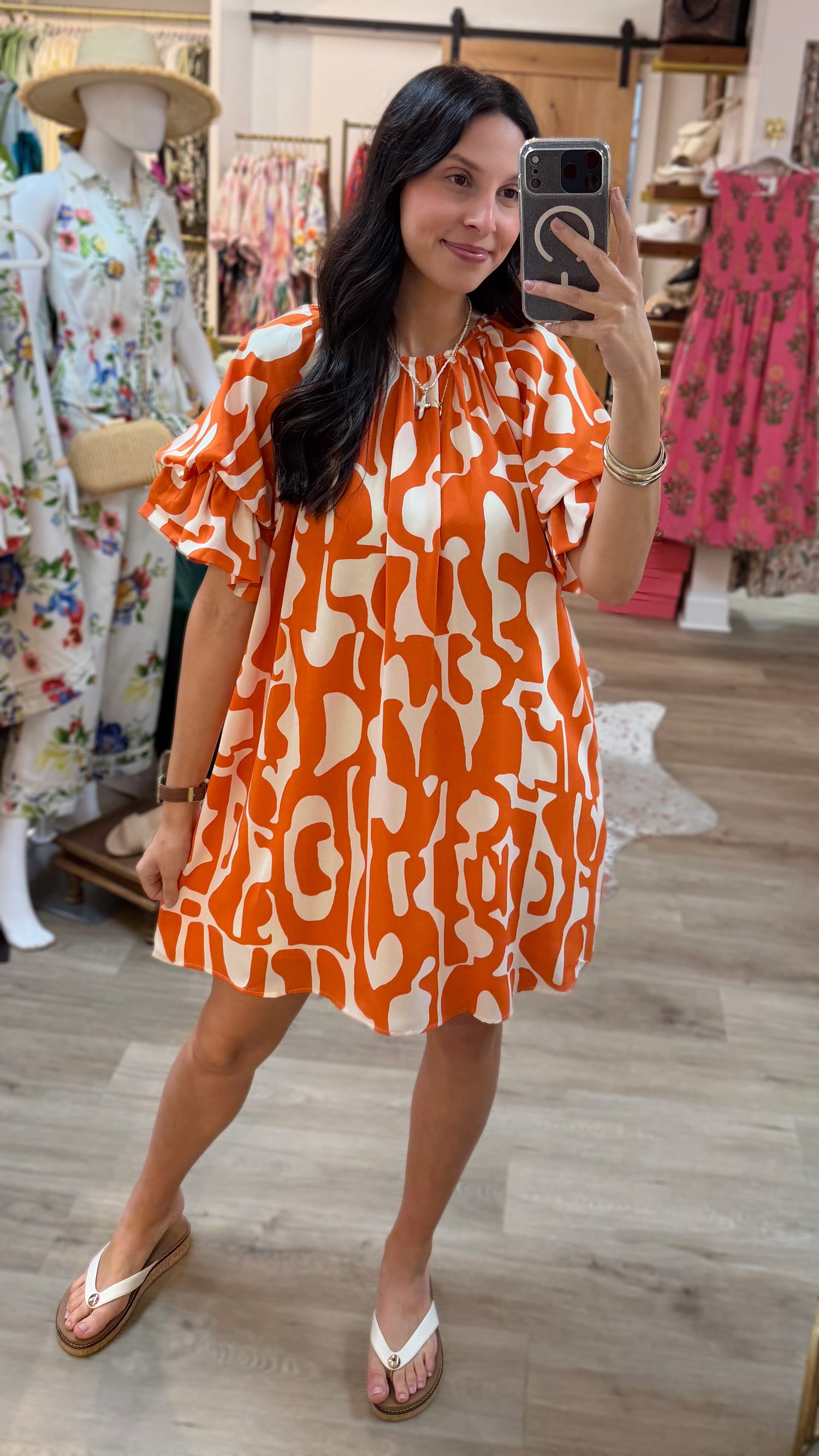 ORANGE GEOMETRIC GATHERED SLEEVE LOOSE FIT MINI DRESS