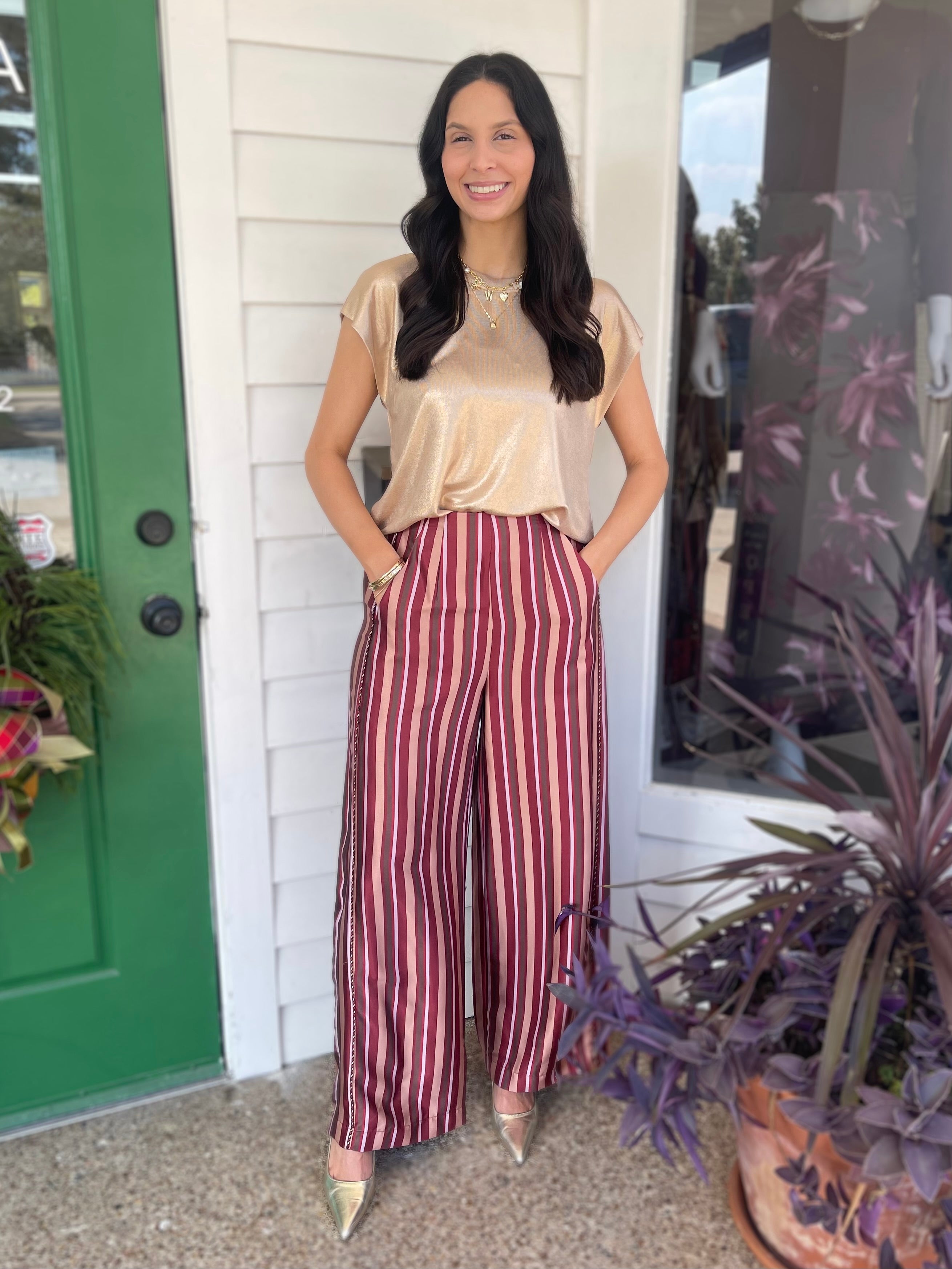 MAROON MULTI STRIPED ANJELLA WIDE LEG PANTS
