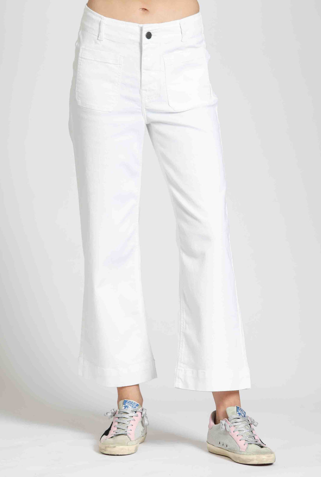 WHITE MID RISE CROPPED WIDE LEG PATCH POCKET PANT