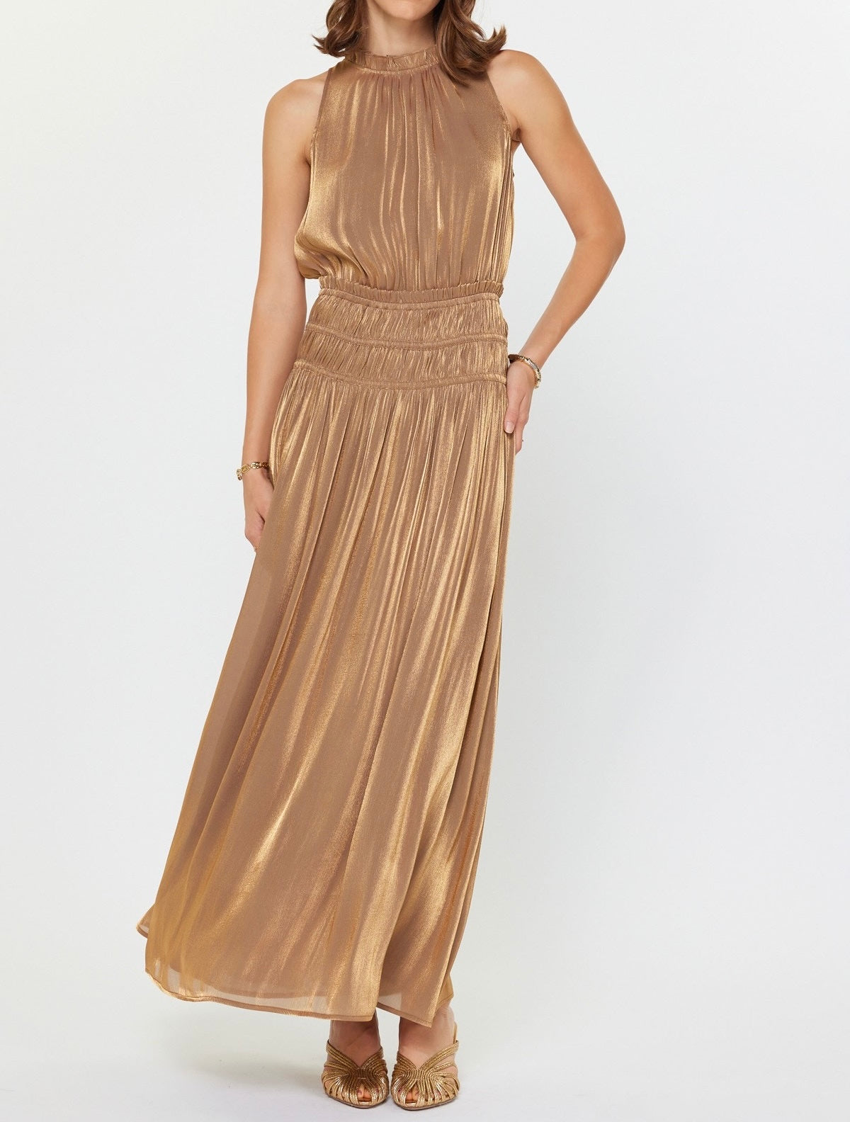 METALLIC GOLD SLEEVELESS SMOCKED WAIST MAXI DRESS