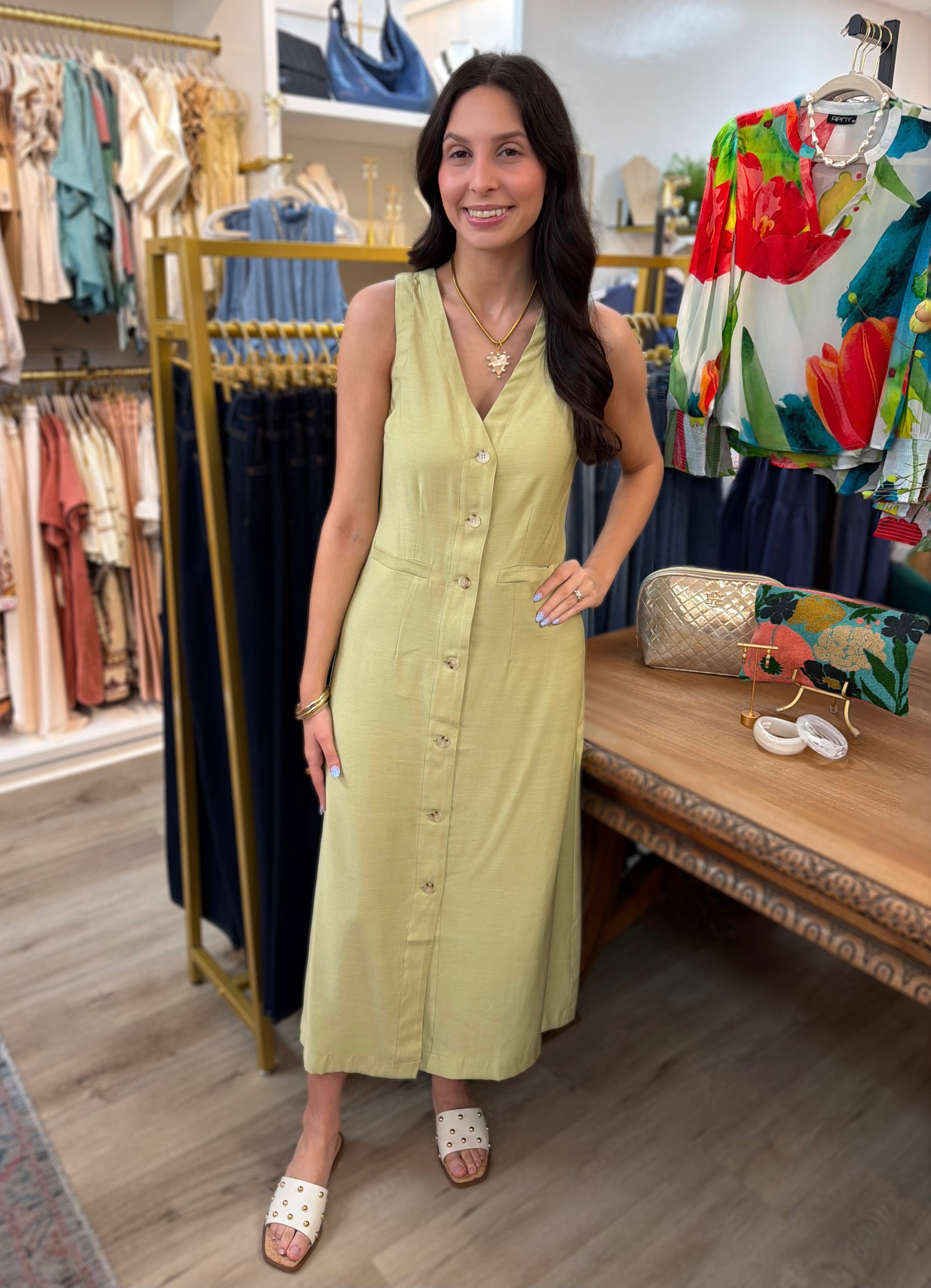 SAGE VNECK BUTTON UP SLEEVELESS MIDI DRESS