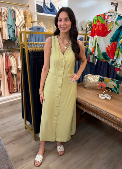 SAGE VNECK BUTTON UP SLEEVELESS MIDI DRESS