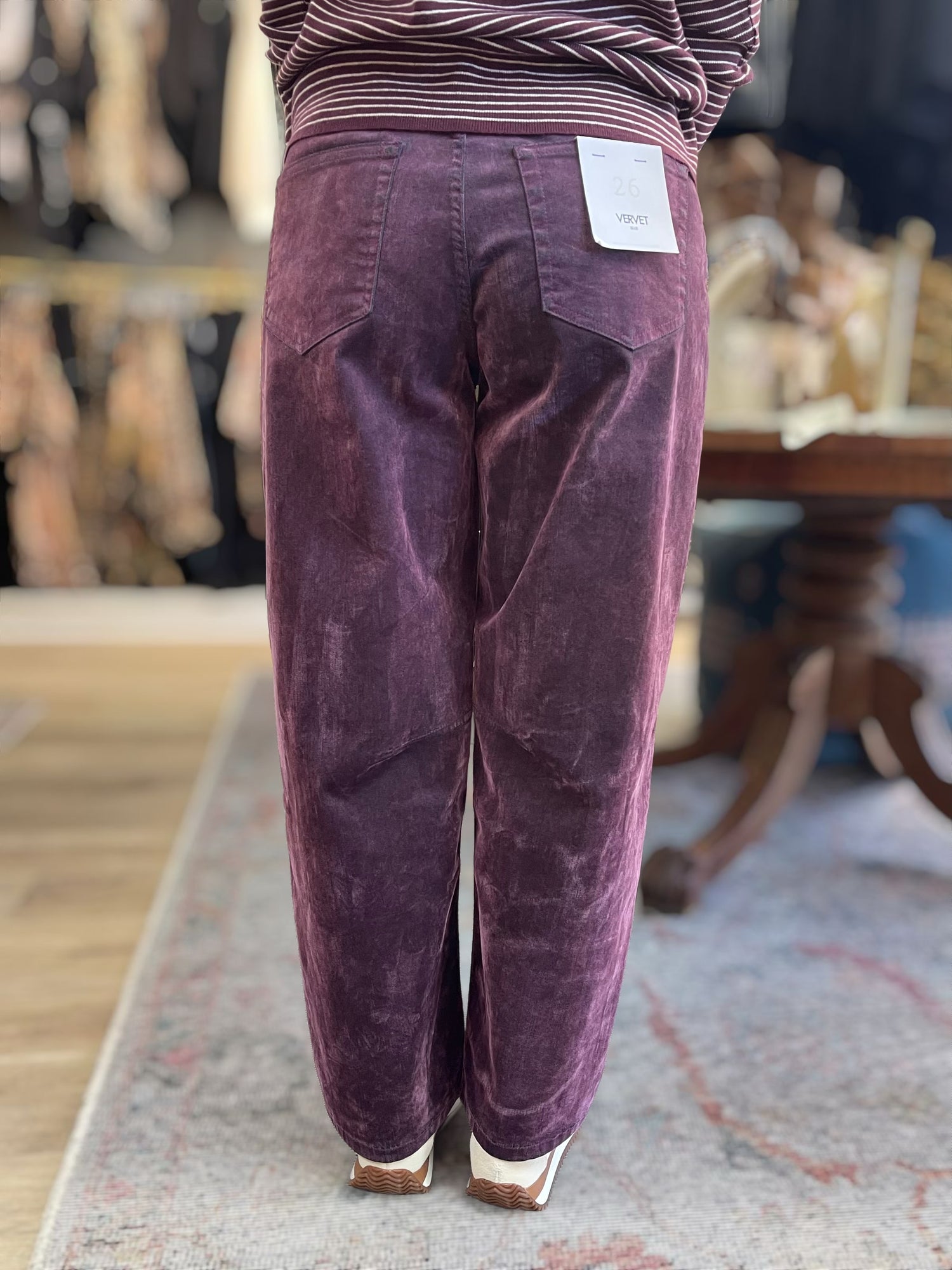 PURPLE FLOCKED HIGH RISE BARREL LEG JEANS