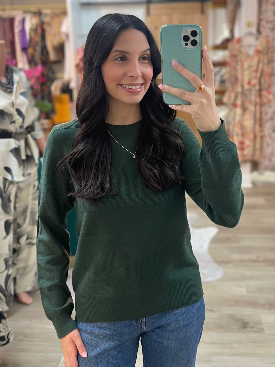 FOREST GREEN TEXTURE STRIPED LONG SLEEVE PULLOVER SWEATER