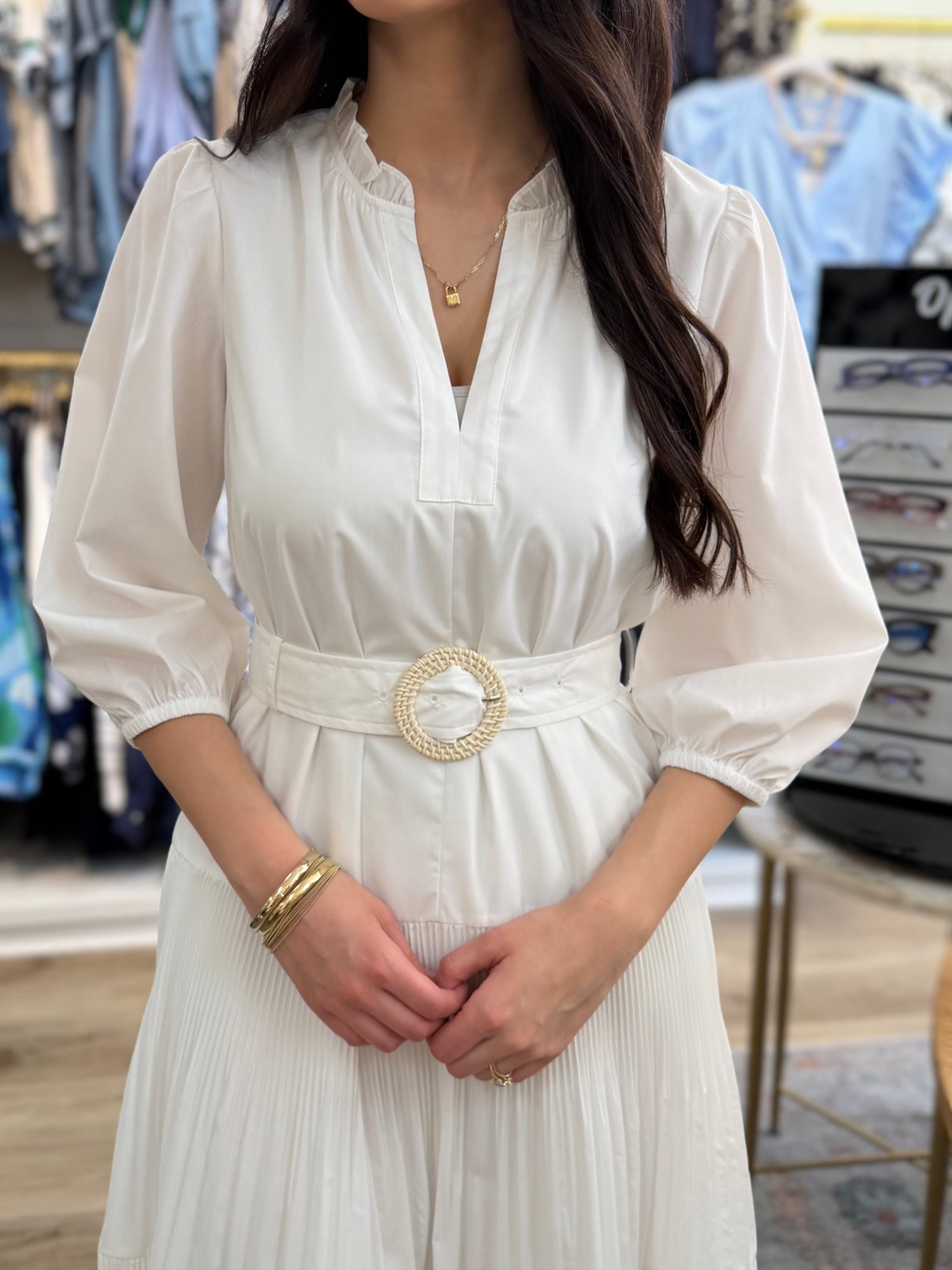 WHITE COTTON POPLIN TIERED PLEATED MIDI DRESS
