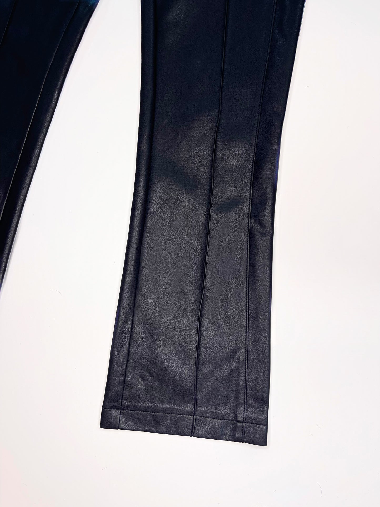 BLACK FAUX LEATHER PINTUCK FLARE PANTS